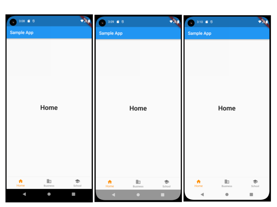 *New Android edge-to-edge mode: normal mode (left), Edge to Edge mode (center), Edge to Edge with a custom SystemUIOverlayStyle (right)*