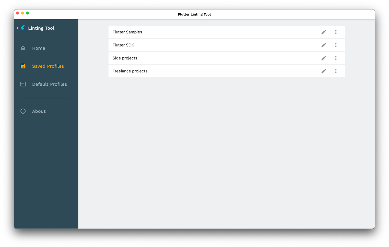 A list of saved profiles