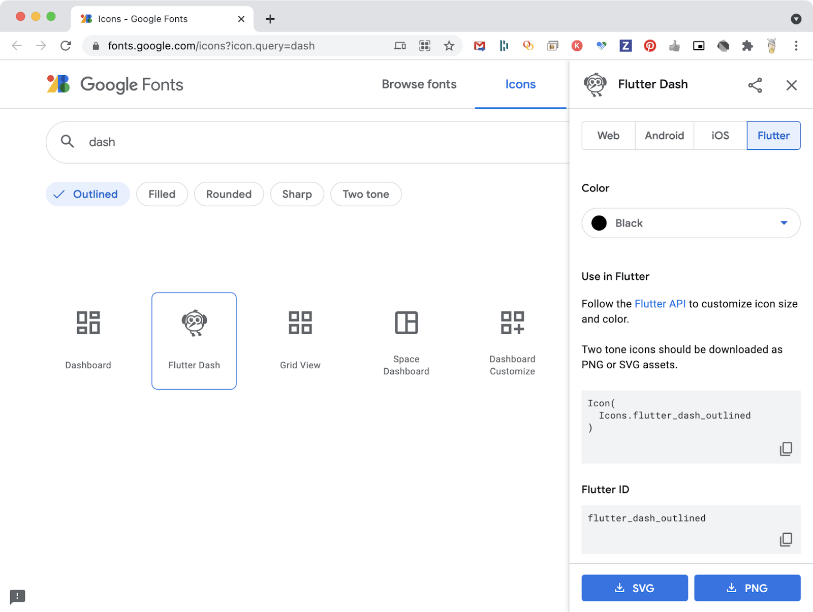 Searching for Flutter Material icons by name
