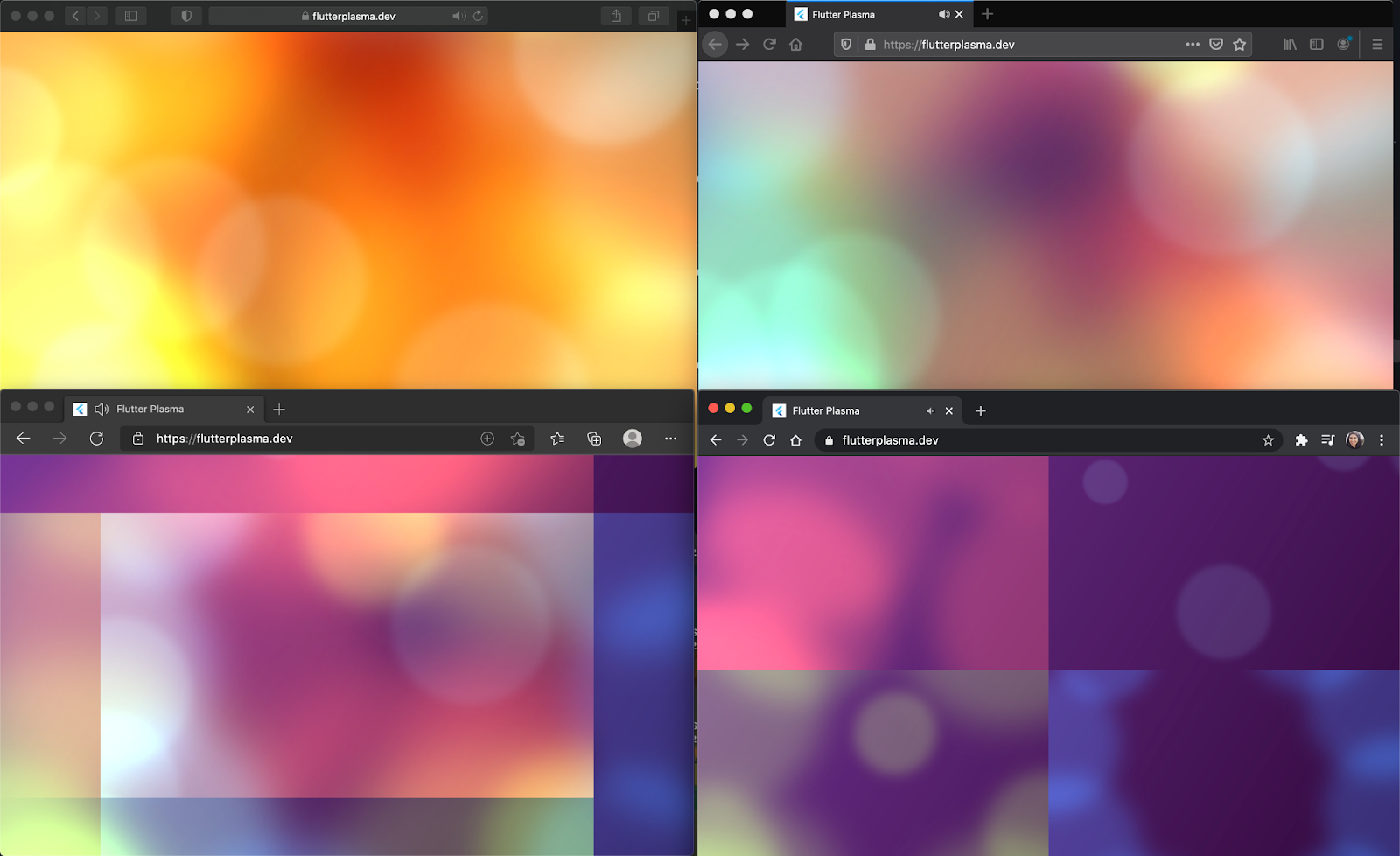 [Flutter Plasma](https://flutterplasma.dev/), a demo created by Felix Blaschke, running on Safari, Firefox, Edge and Chrome.