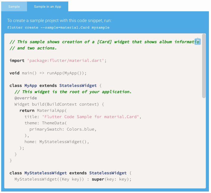 Sample app for a Card class. You can use the clipboard icon to copy the code for this app or use the command to create an app from the command line. See the gif below!