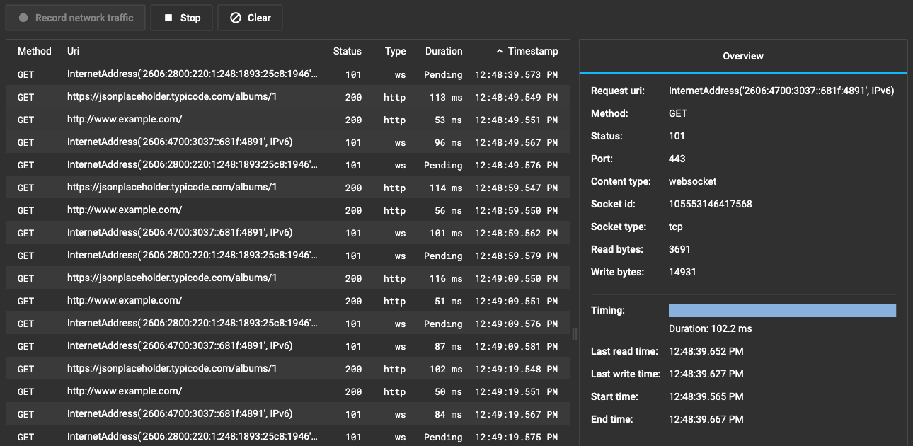 Timing, status and content type of socket connections on the Network page of Dart DevTools