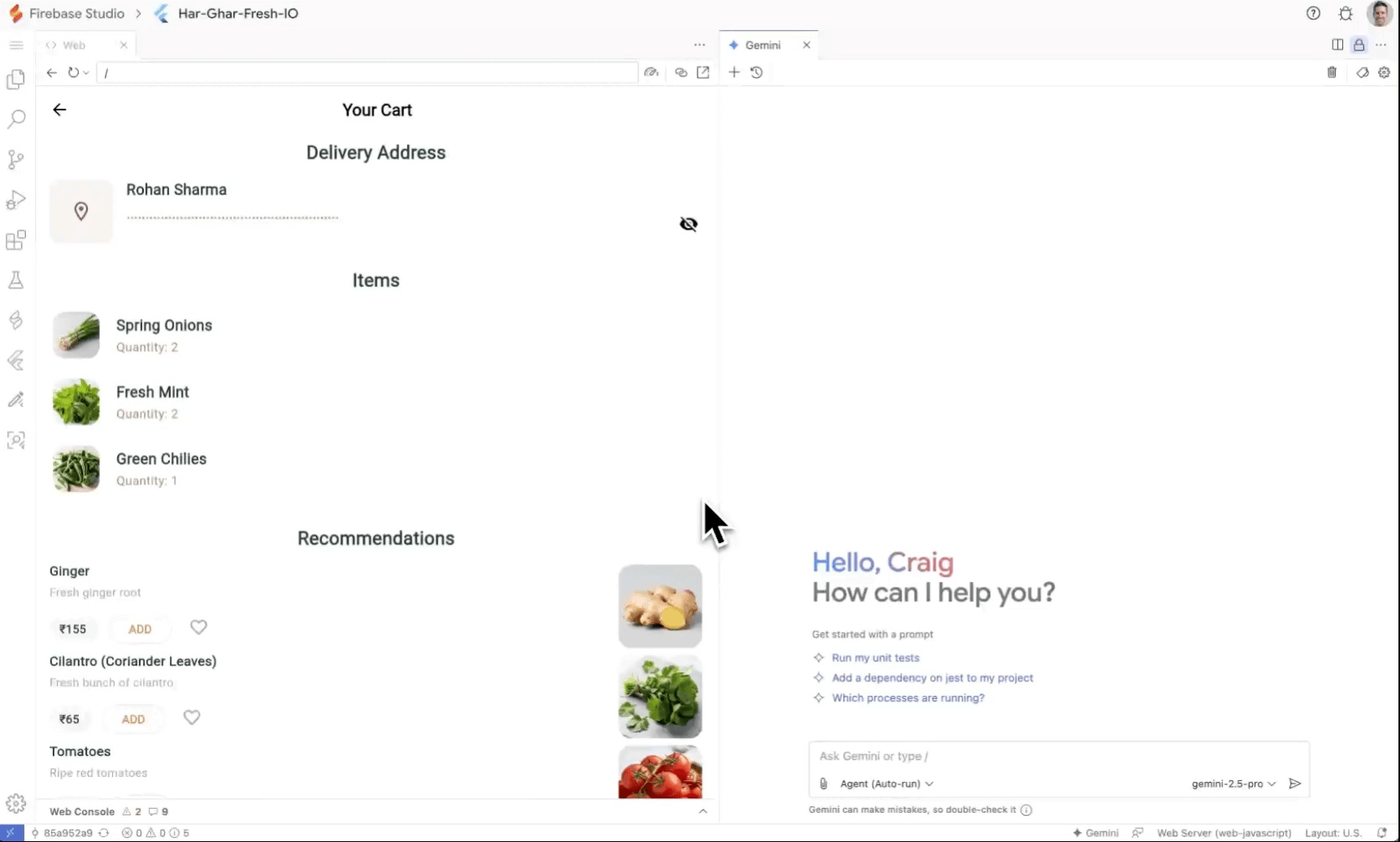 Agent (Auto-run) mode with a Flutter project in Firebase Studio