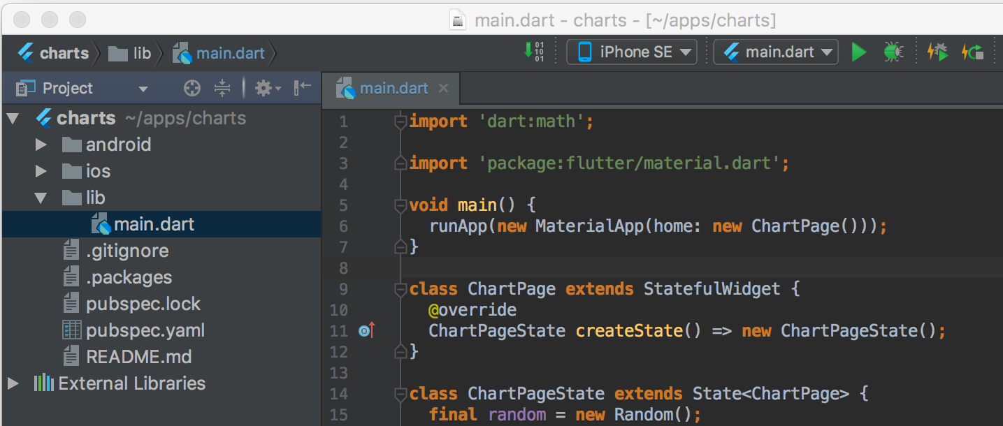 Screen shot from IntelliJ IDEA with an older version of the Flutter plug-in, showing the reload and restart buttons in the top-right corner. These buttons are enabled, if the app has been started from within the IDE. Newer versions of the plugin do hot reload on save.